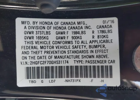 2016 Honda Civic Ex z USA, uszkodzony, nr VIN 2HGFC2F70GH531174